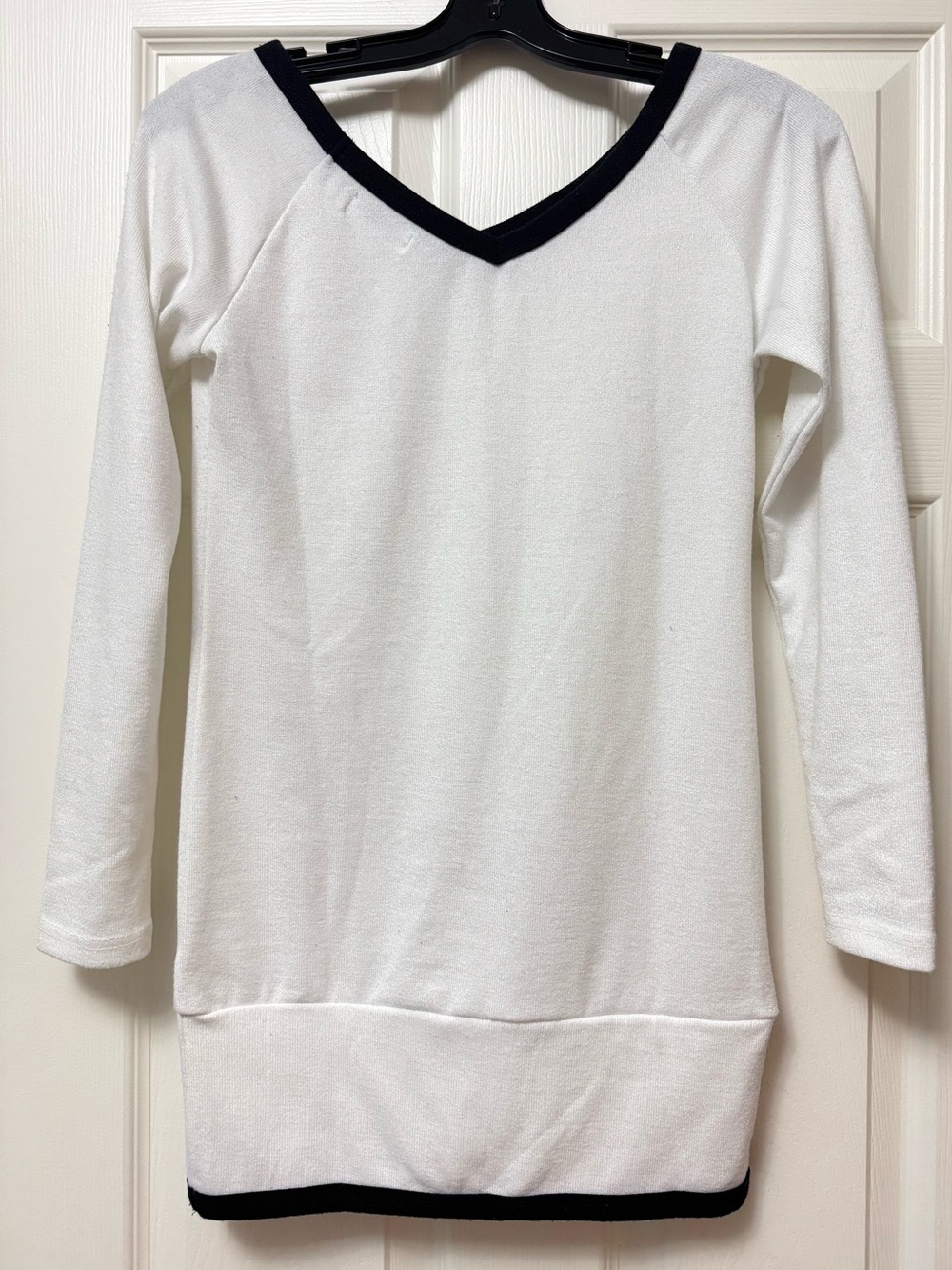 Women's White V-Neck Sweater with Black Trim